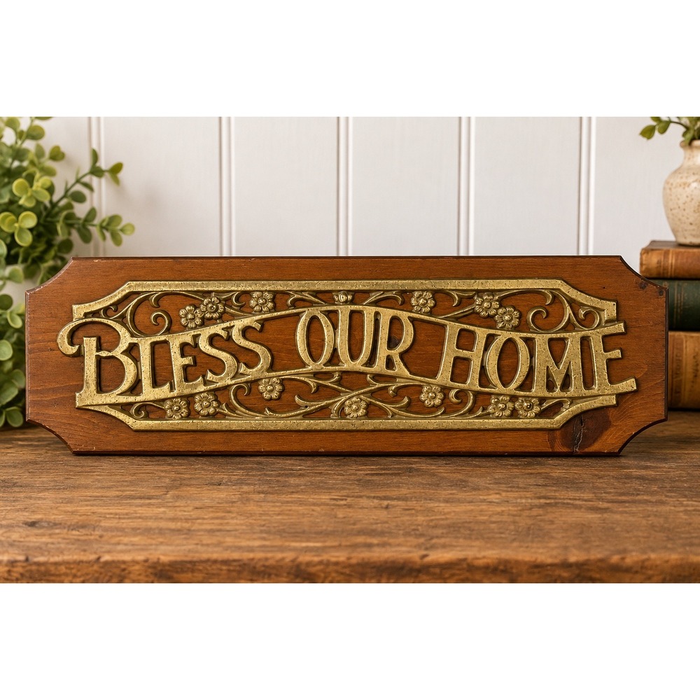 Vintage Bless Our Home Wood Metal Wall Plaque Gold Tone Floral Scrollwork 17"